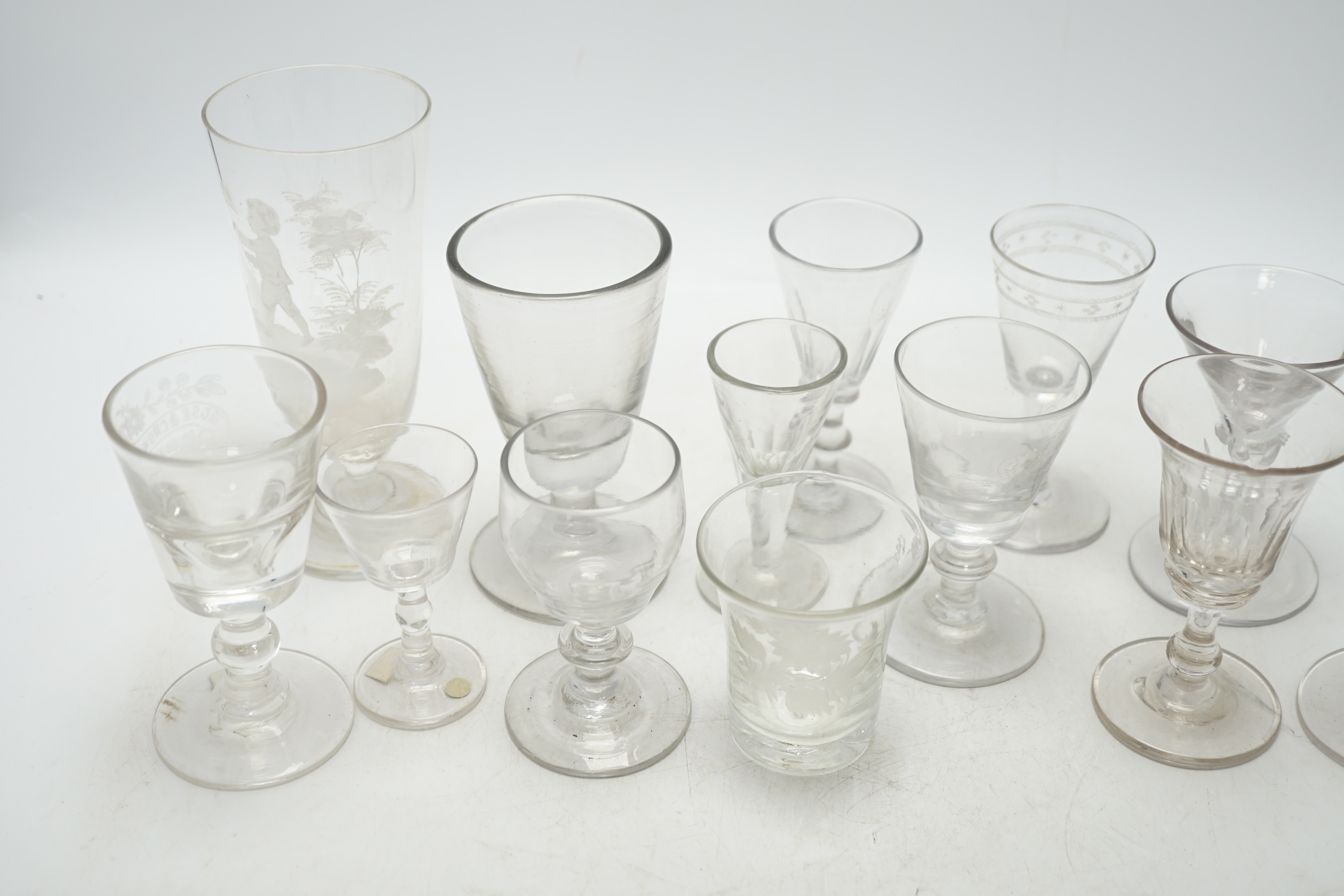 A group of thirteen various glasses, 18th century and later, including Mary Gregory, tallest 16.5cm. Condition - fair to good